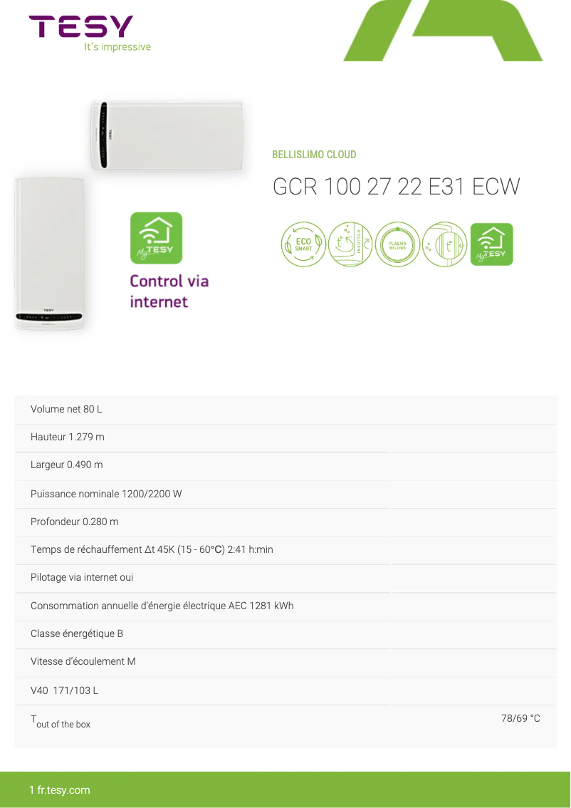 Page 1 de la notice Fiche technique Tesy BelliSlimo Cloud 100
