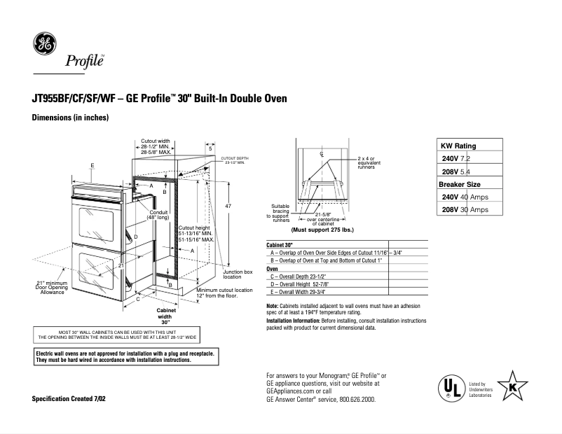 Page 1 de la notice Fiche technique GE JT955SFSS