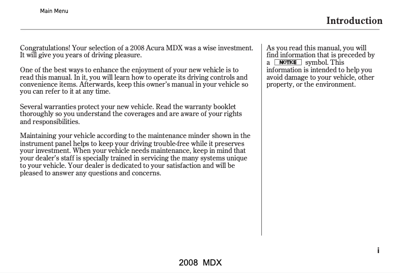 Page 1 de la notice Manuel utilisateur Acura MDX (2008)