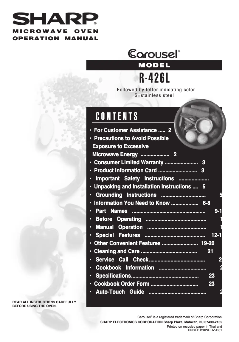Page 1 de la notice Manuel utilisateur Sharp R-426L