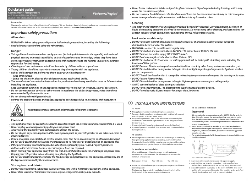 Page 1 de la notice Guide de démarrage rapide Fisher & Paykel RF522WDRUX4