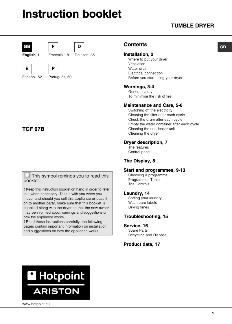 Page 1 de la notice Manuel utilisateur Hotpoint TCF 97B 6HY (EU)