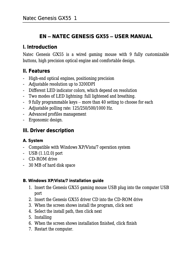 Page 1 de la notice Manuel utilisateur Natec GX55