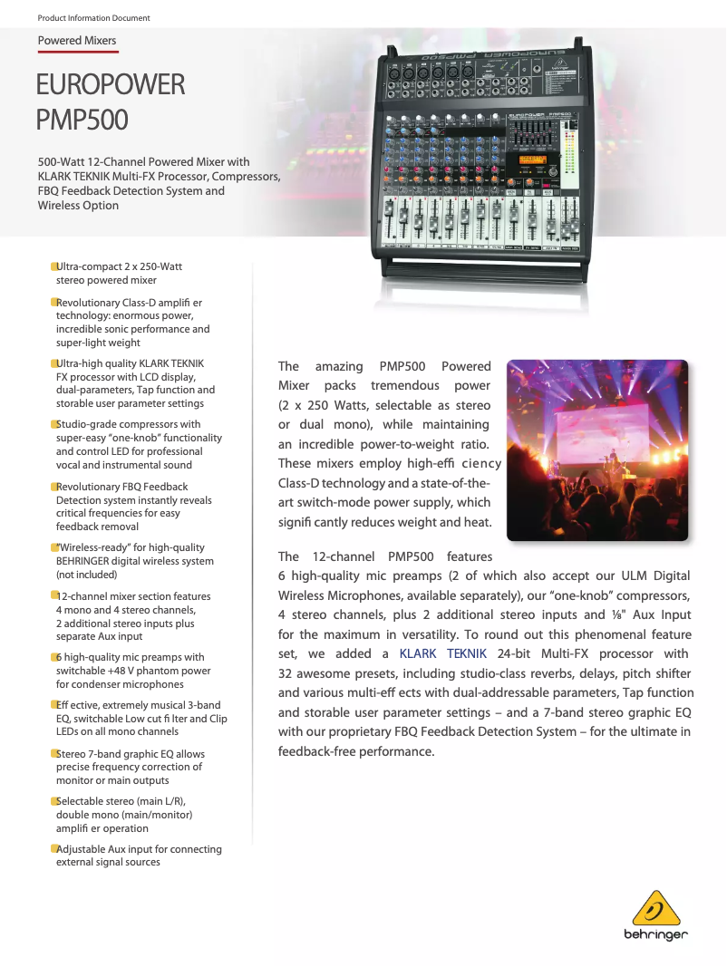 Page n°1 - Fiche technique Behringer Europower PMP500