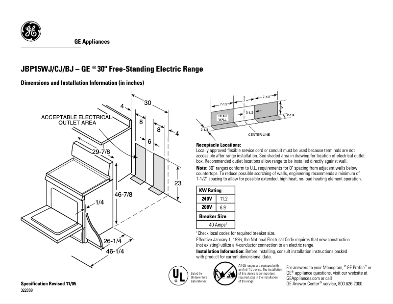 Page n°1 - Fiche technique GE JBP15CJCC