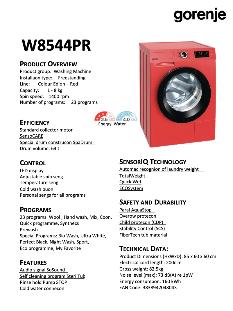 Page 1 de la notice Fiche technique Gorenje W8544PR