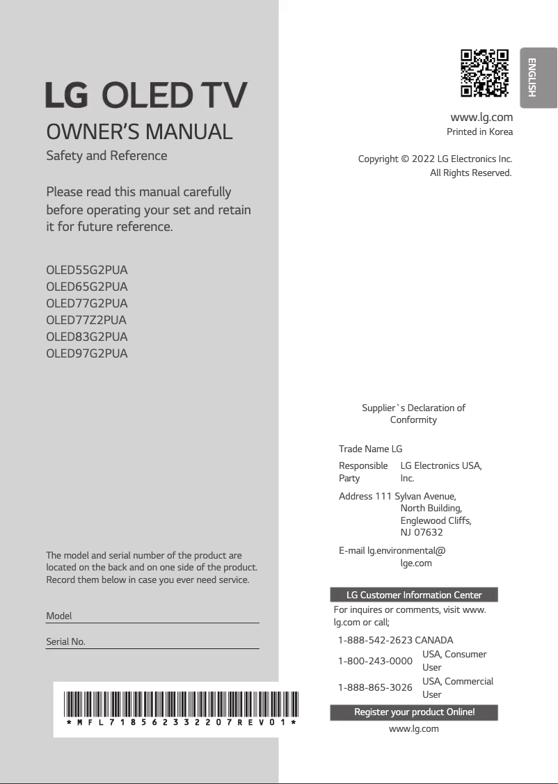 Page 1 de la notice Manuel utilisateur LG OLED55G2PUA