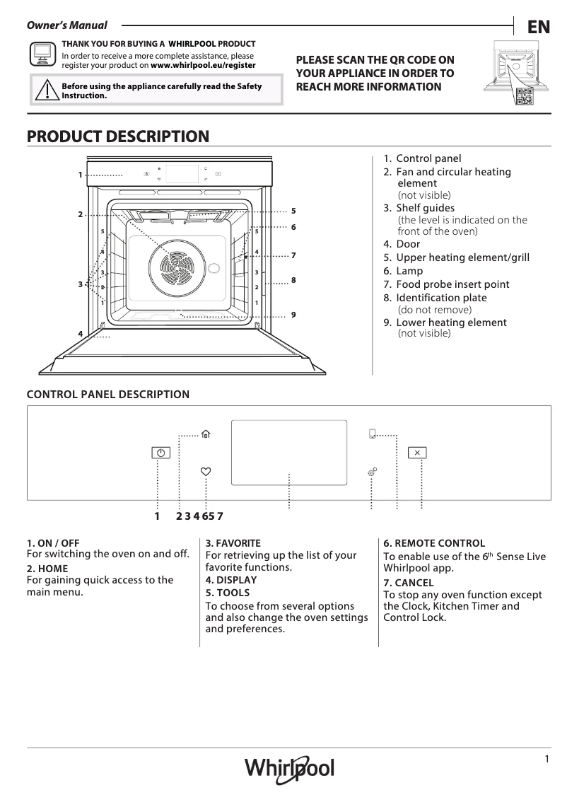 Page 1 de la notice Manuel d'utilisation et d'entretien Whirlpool W11 OM1 4MS2 P