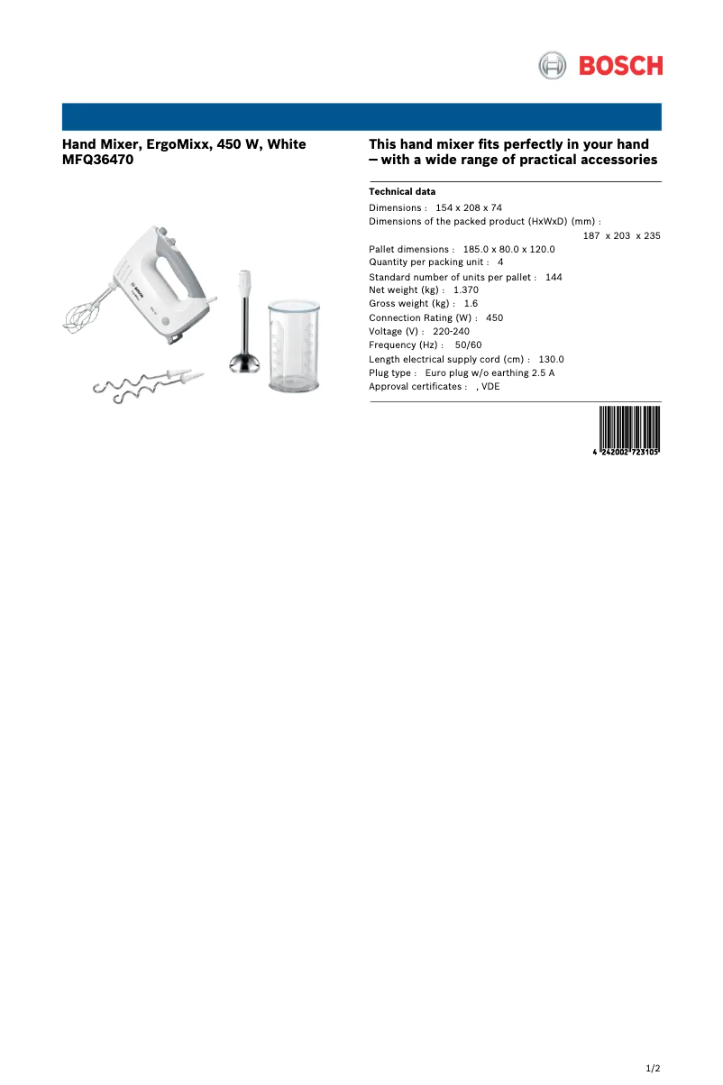 Page 1 de la notice Fiche technique Bosch ErgoMixx MFQ36470