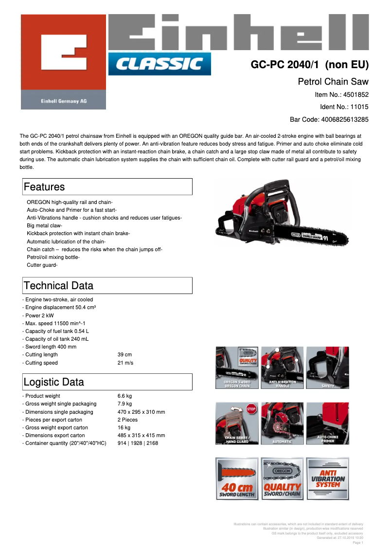 Page 1 de la notice Fiche technique Einhell GC-PC 2040/1