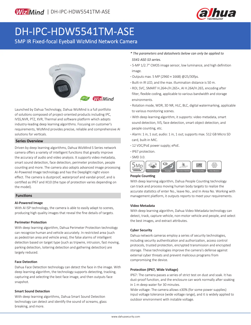 Page 1 de la notice Fiche technique Dahua Technology IPC-HDW5541TM-ASE