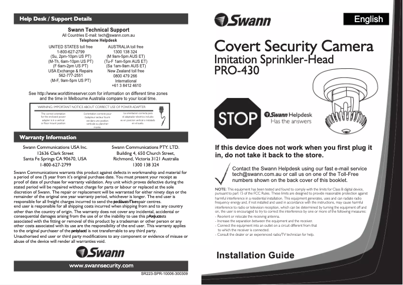 Page n°1 - Manuel utilisateur Swann PRO-430