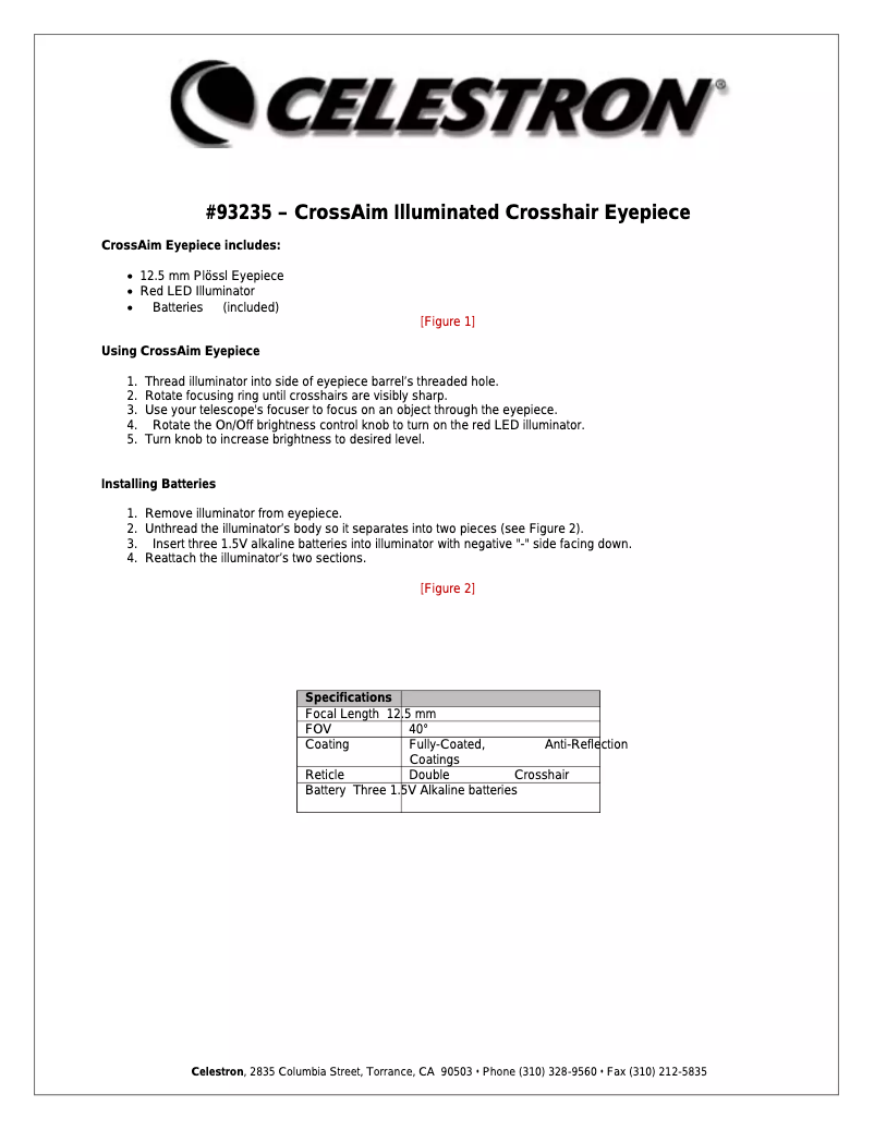 Page 1 of the manual User Manual Celestron CrossAim Illuminated Crosshair Eyepiece 93235