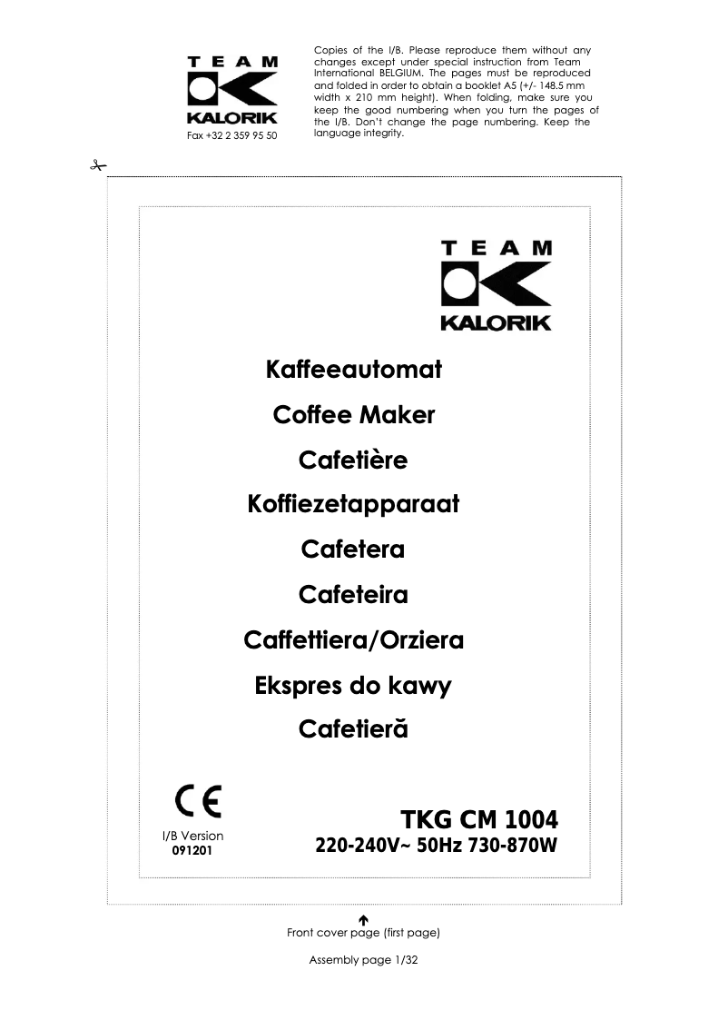 Page n°1 - Manuel utilisateur Kalorik TKG CM 1004