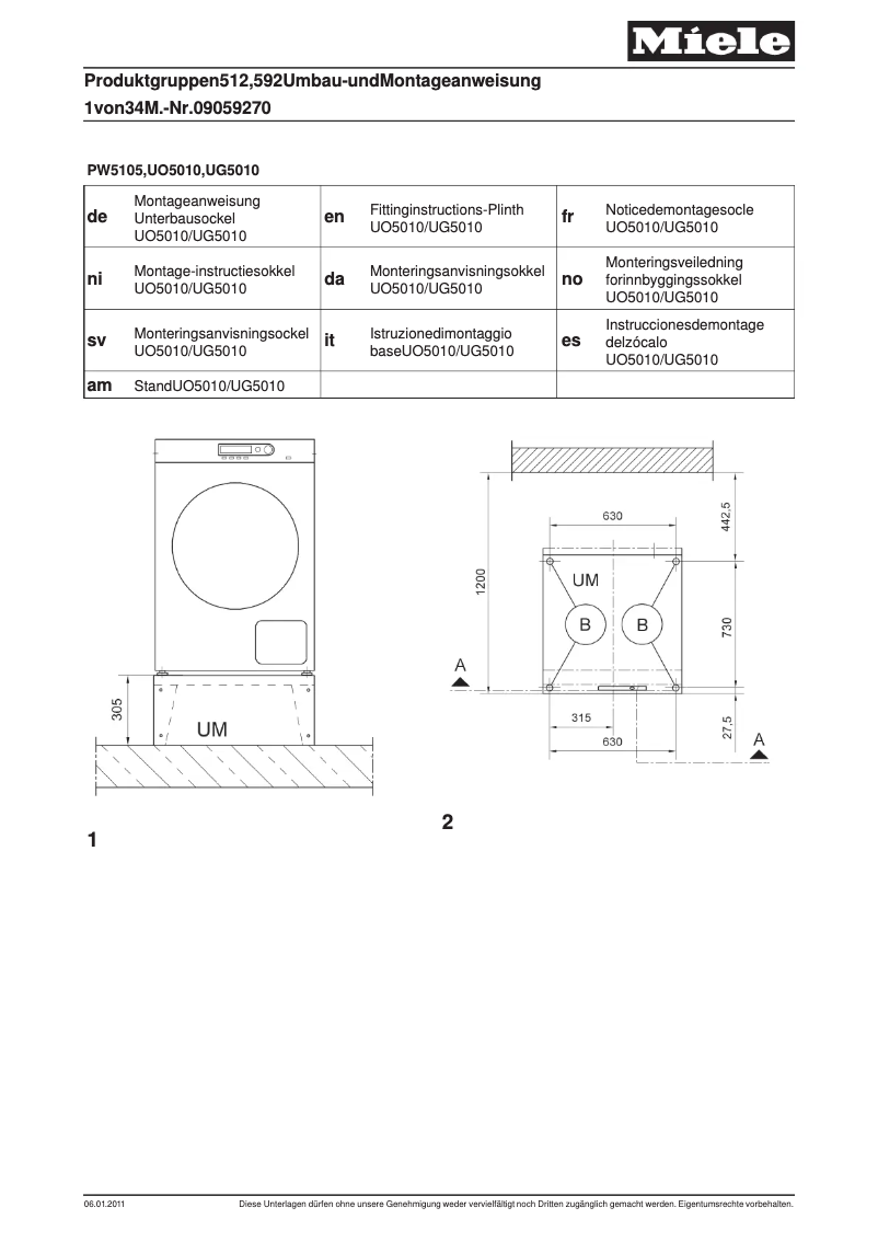 Page 1 de la notice Manuel utilisateur Miele UO 5010