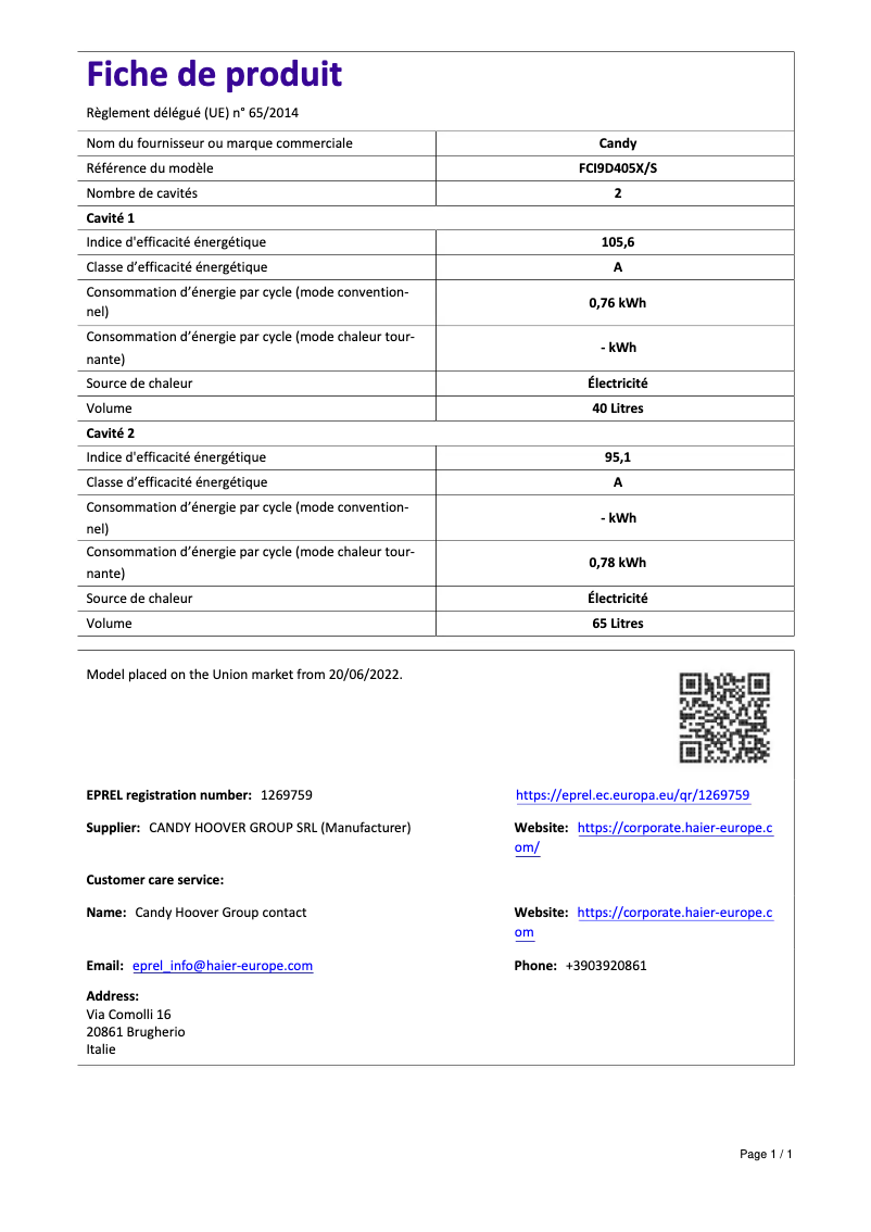 Page n°1 - Manuel utilisateur Candy FCI9D405X