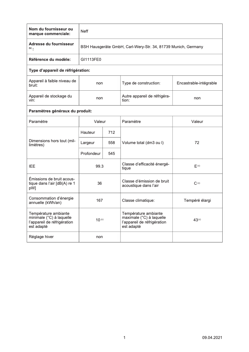 Page 1 of the manual Energy Label Neff GI1113FE0