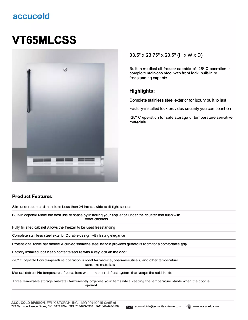 Page n°1 - Fiche technique Summit Accucold VT65MLCSS