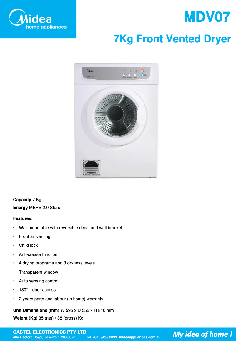 Página 1 del manual Ficha técnica Midea MDV07