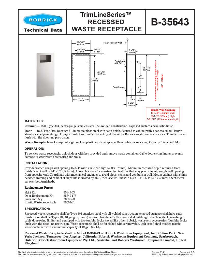 Page n°1 - Manuel utilisateur Bobrick B-35643