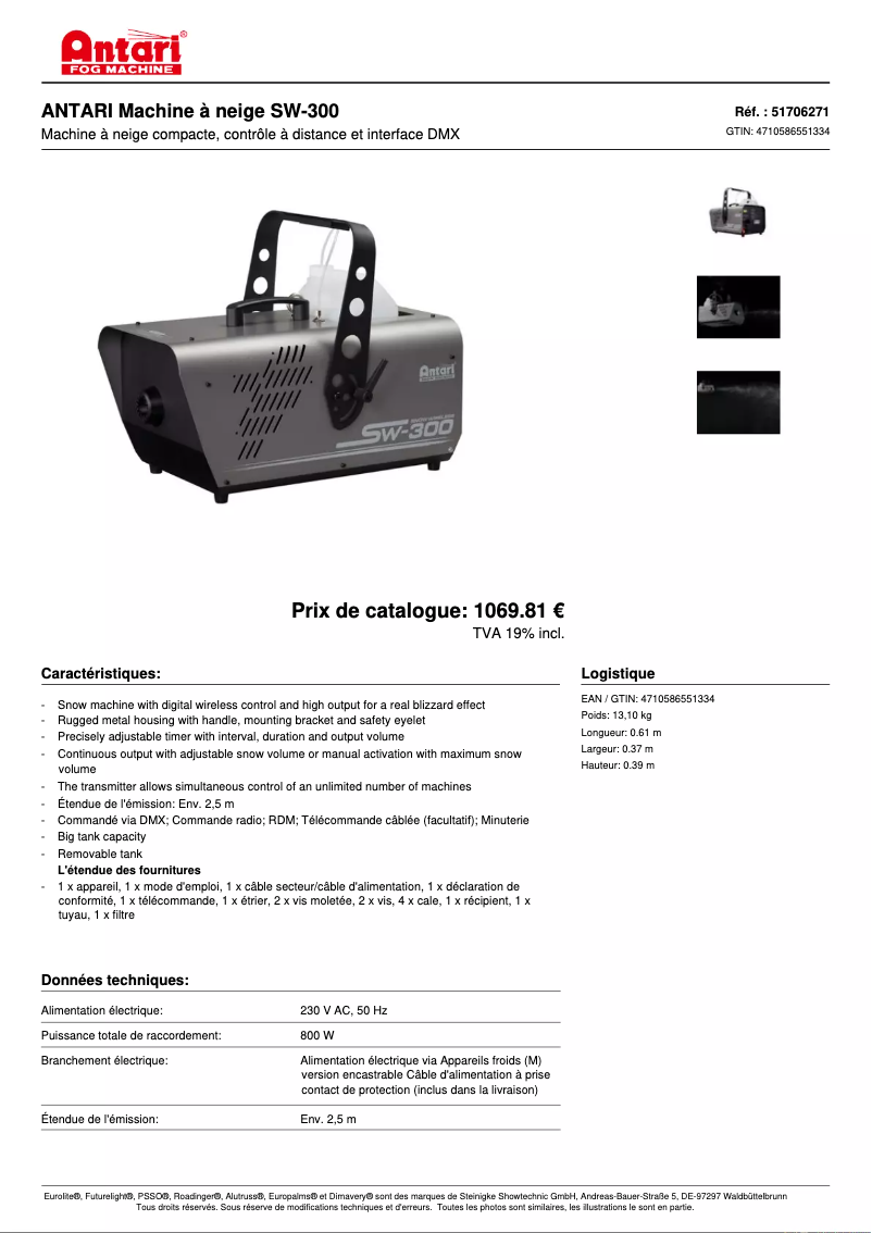 Página 1 del manual Ficha técnica Antari SW-300