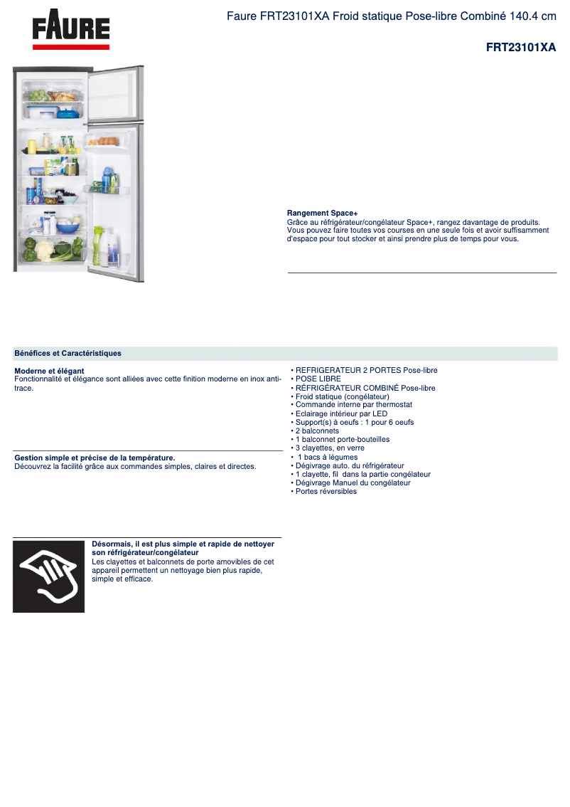 Page 1 de la notice Fiche technique Faure FRT23101XA