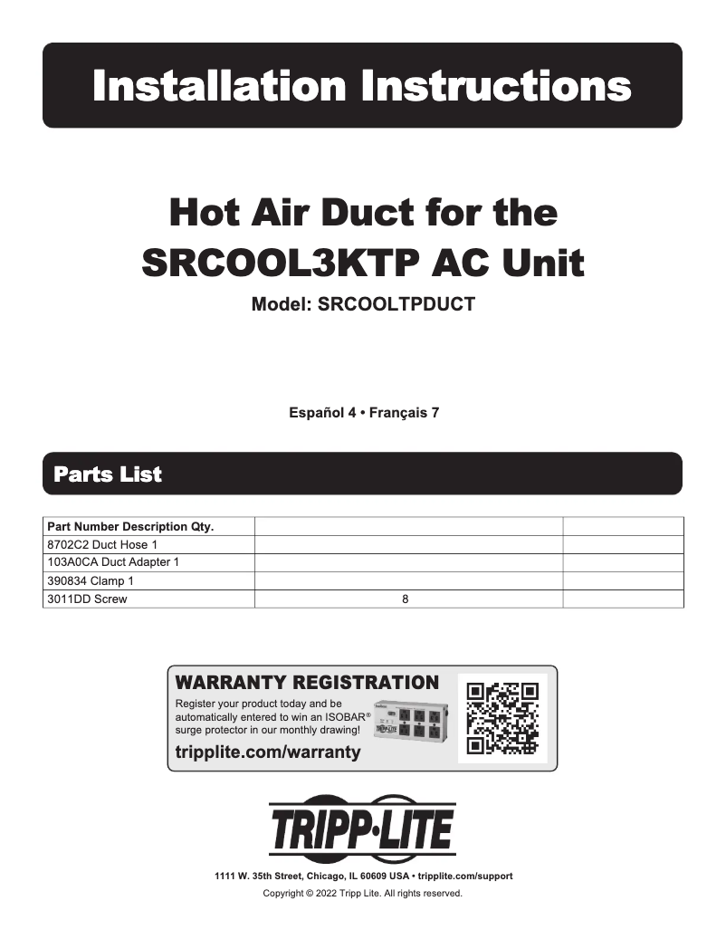 Page 1 de la notice Manuel utilisateur Tripp Lite SRCOOLTPDUCT