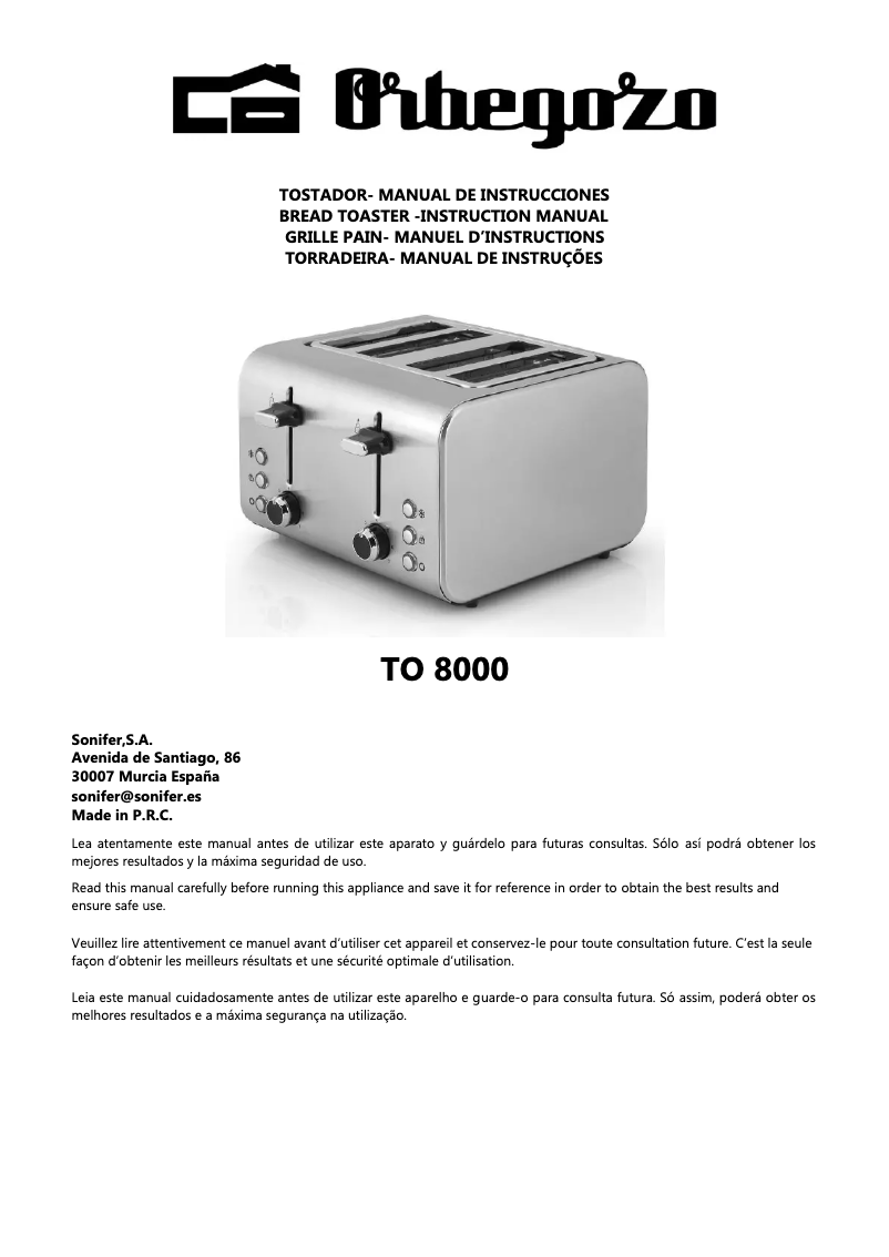 Page 1 de la notice Manuel utilisateur Orbegozo TO 8000