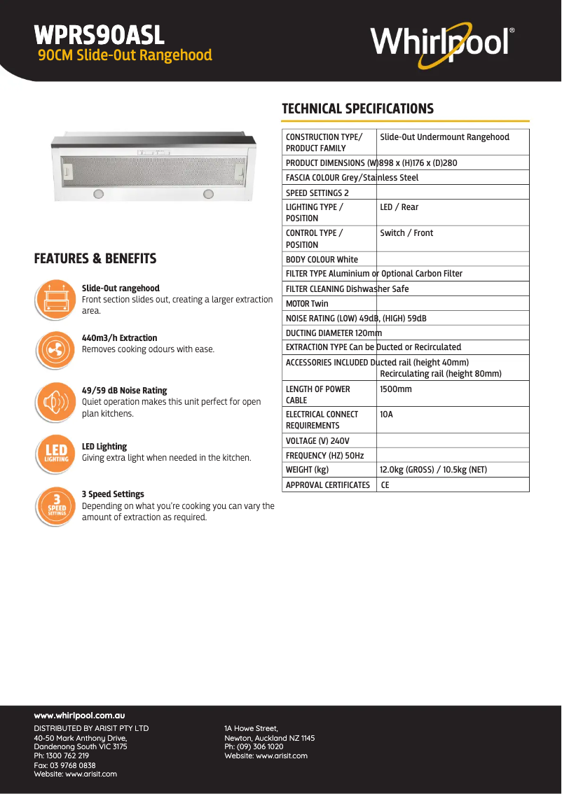 Página 1 del manual Ficha técnica Whirlpool WPRS90ASL