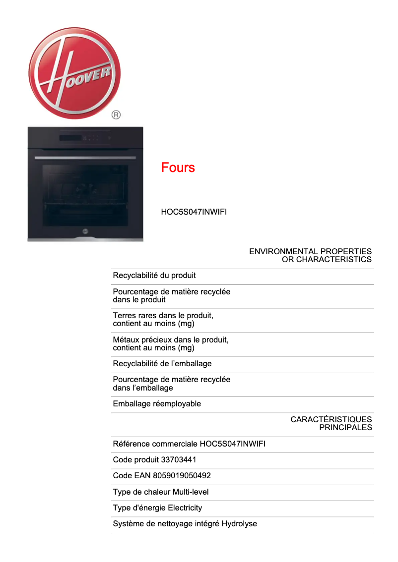 Image de la première page du manuel de l'appareil H-OVEN 500 HOC5S047INWIFI