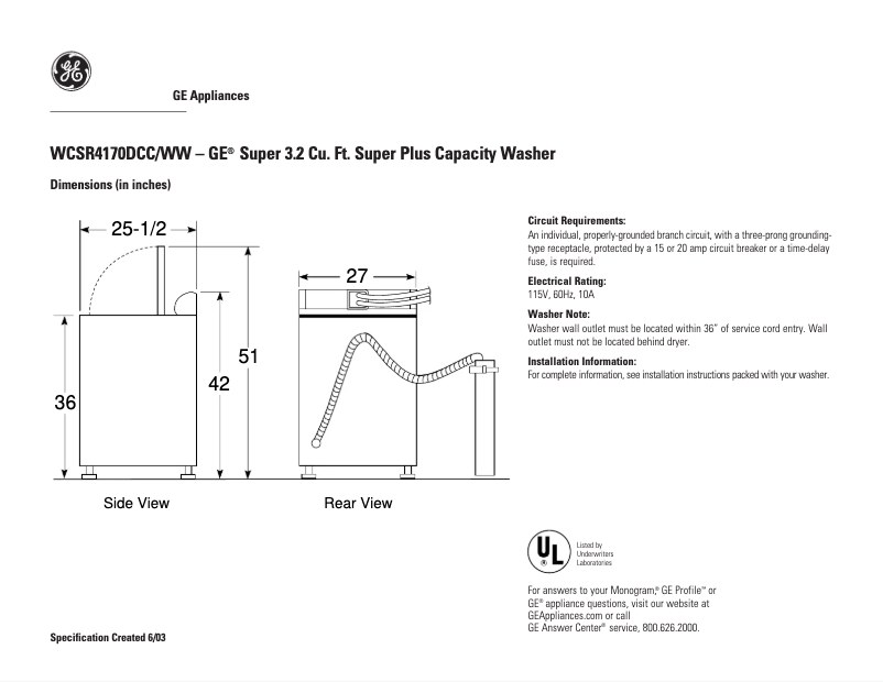 Page 1 de la notice Fiche technique GE WCSR4170DCC