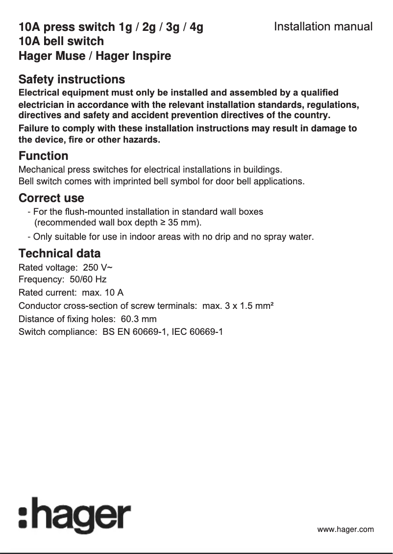 Page n°1 - Manuel utilisateur Hager WGCXR111PAS