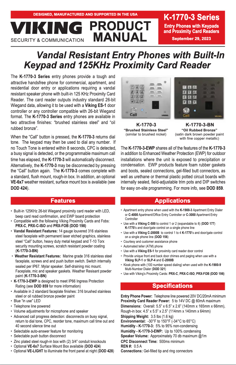 Page 1 de la notice Manuel utilisateur Viking K-1770-3-EWP