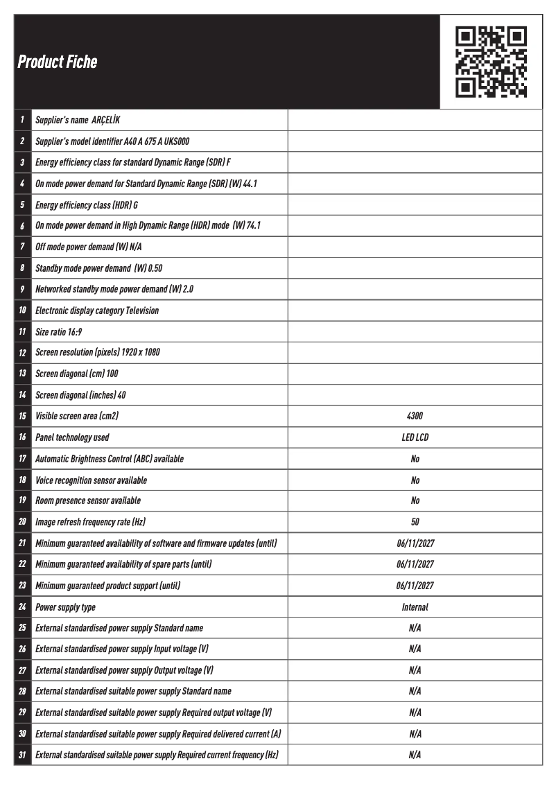 Page 1 de la notice Fiche technique Arçelik A40 A 675 A