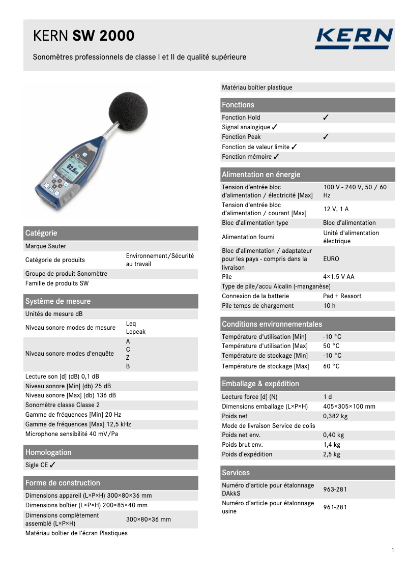 Page 1 de la notice Fiche technique Sauter SW 2000