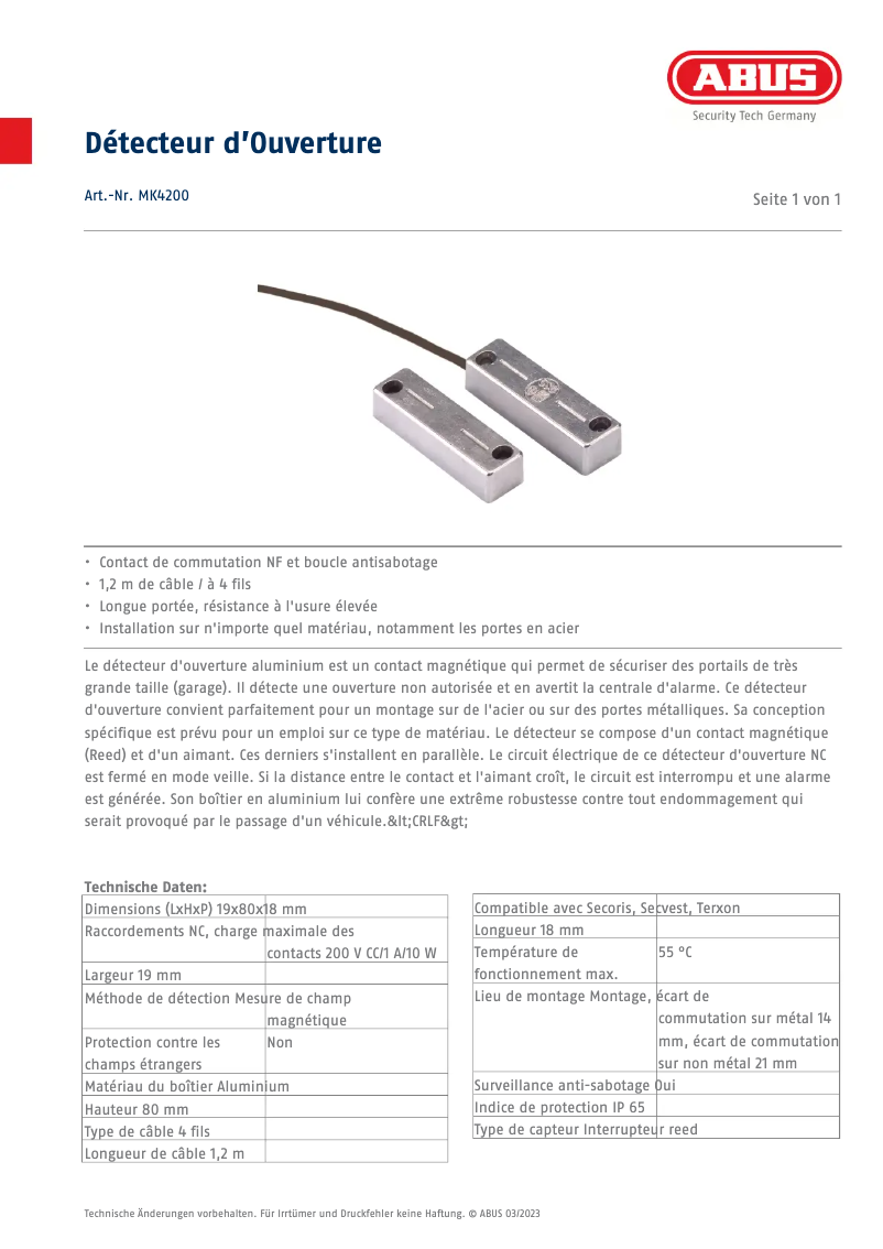 Page 1 de la notice Fiche technique Abus MK4200
