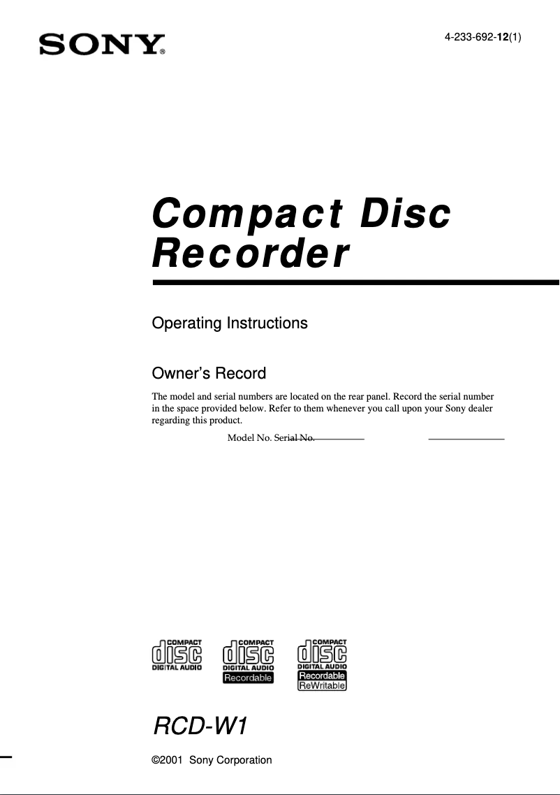 Page 1 de la notice Manuel utilisateur Sony RCD-W1