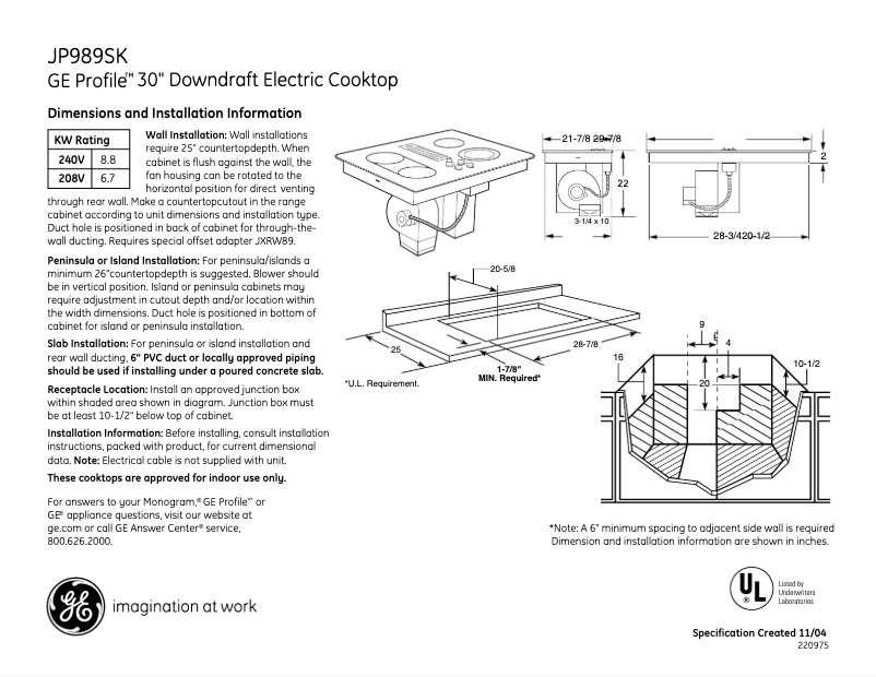 Page 1 of the manual Technical Sheet GE Profile JP989SKSS