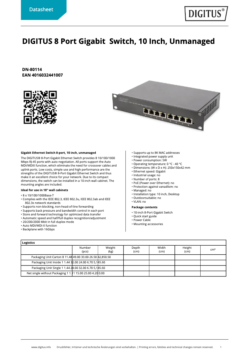 Page n°1 - Fiche technique Digitus DN-80114