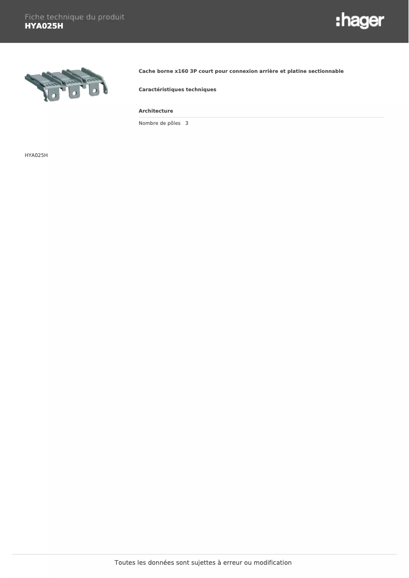 Page n°1 - Fiche technique Hager HYA025H