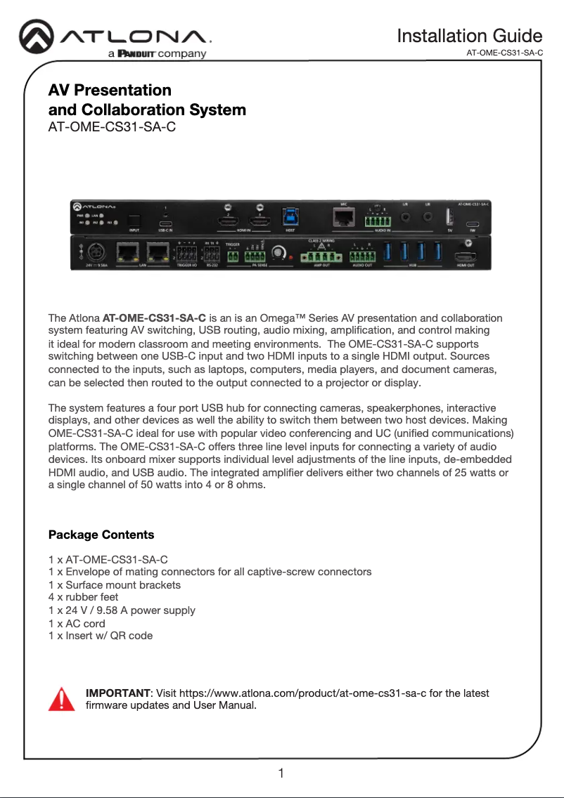 Página 1 del manual Guía de instalación Atlona AT-OME-CS31-SA-C