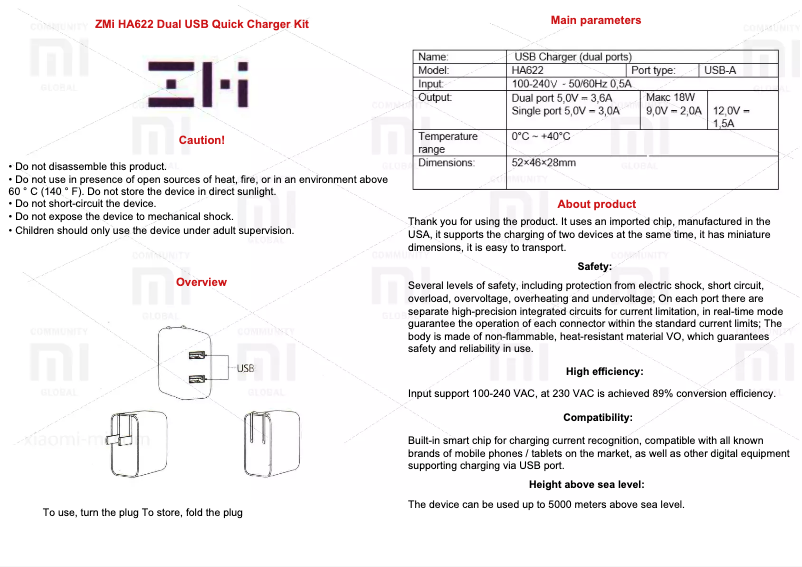 Page 1 de la notice Manuel utilisateur Xiaomi ZMi HA622 Dual USB Quick Charger Kit
