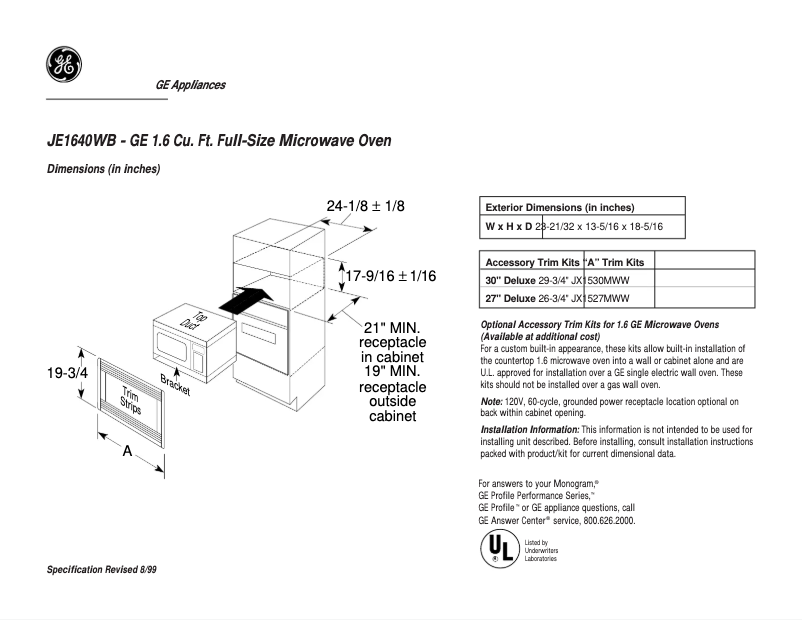 Page 1 de la notice Fiche technique GE JE1640WB