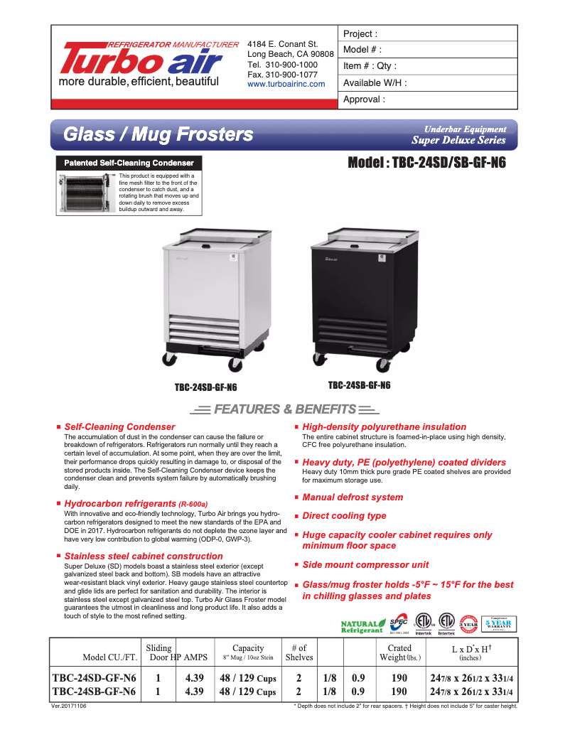 Página 1 del manual Ficha técnica Turbo air TBC-24SB-GF