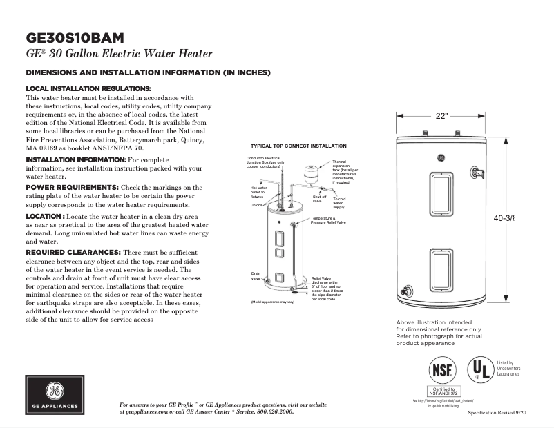 Página 1 del manual Ficha técnica GE GE30S10BAM