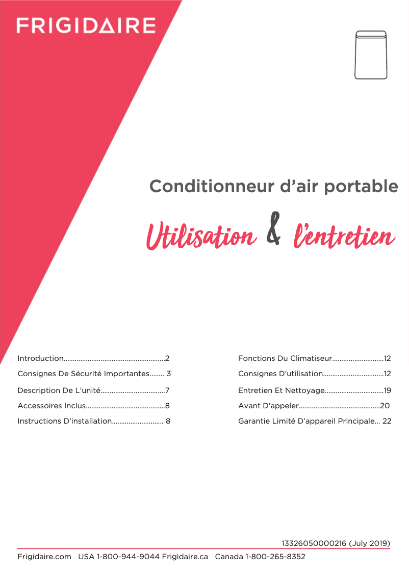 Page 1 de la notice Manuel utilisateur Frigidaire FHPC082AC1