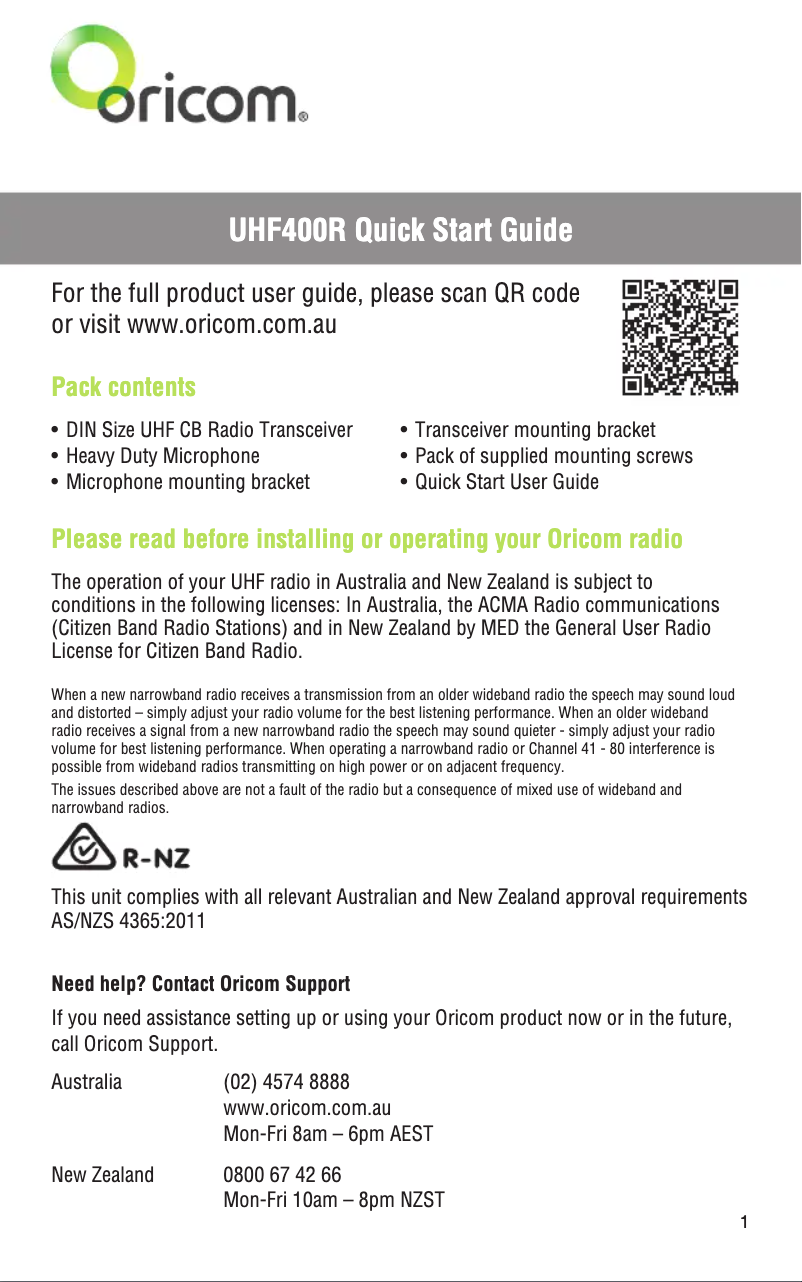 Page 1 de la notice Guide de démarrage rapide Oricom UHF400R