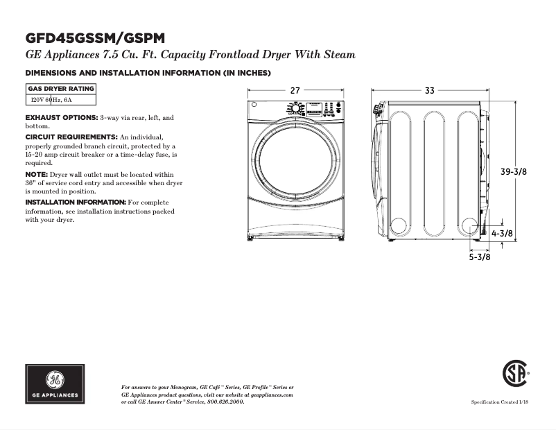 Page 1 of the manual Technical Sheet GE GFD45GSPMDG