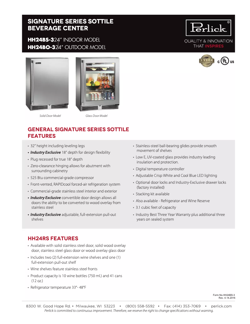 Page n°1 - Fiche technique Perlick Signature Series HH24BO-3-3L