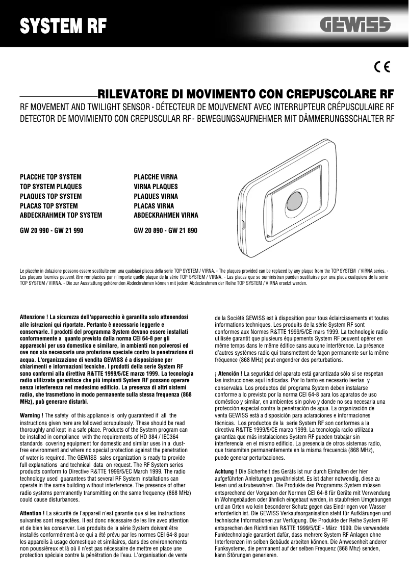 Page 1 de la notice Manuel utilisateur Gewiss GW20890